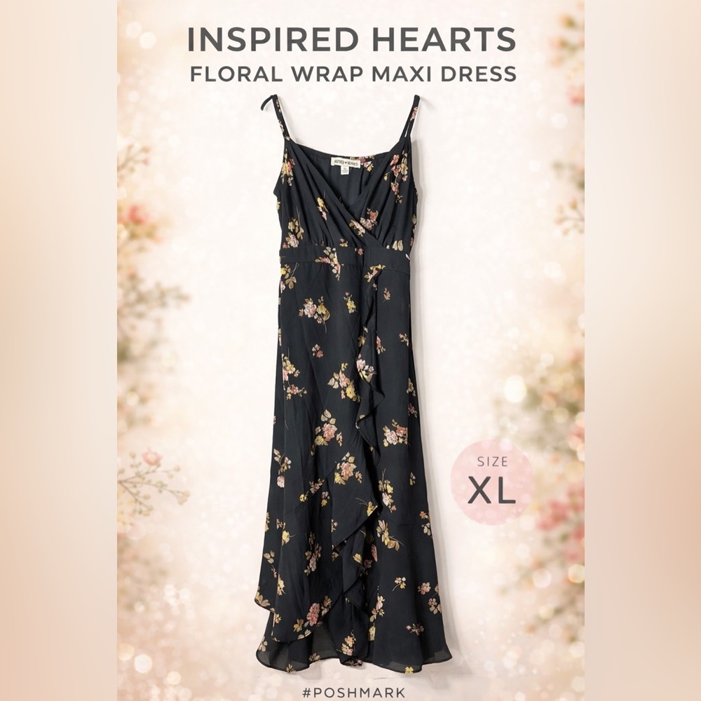 Inspired Hearts Black Floral Wrap Maxi Dress with Pink & Yellow Blooms